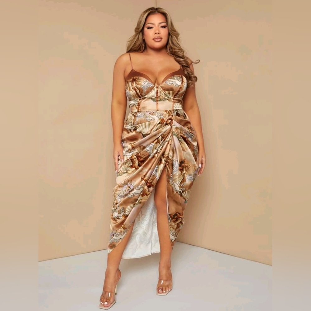 Plus Figure Graphic Ruched Split Thigh Satin Cami Dress